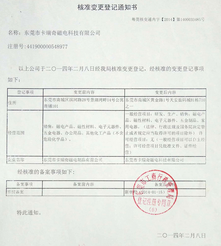 东莞市好色TVAPP磁电制品有限公司更名通知