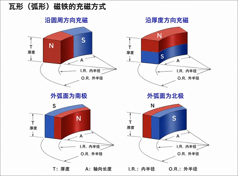 瓦形磁铁的充磁方式与磁极分布示意图